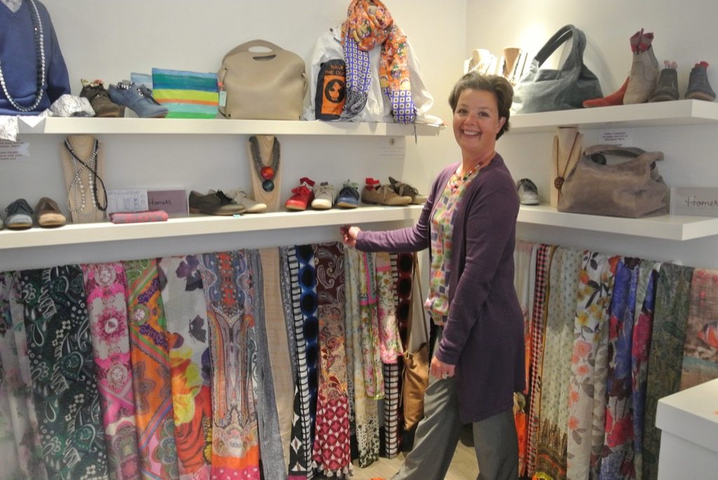 Marie Hélène Beaurepaire in her shoe shop. She also sells the best scarves