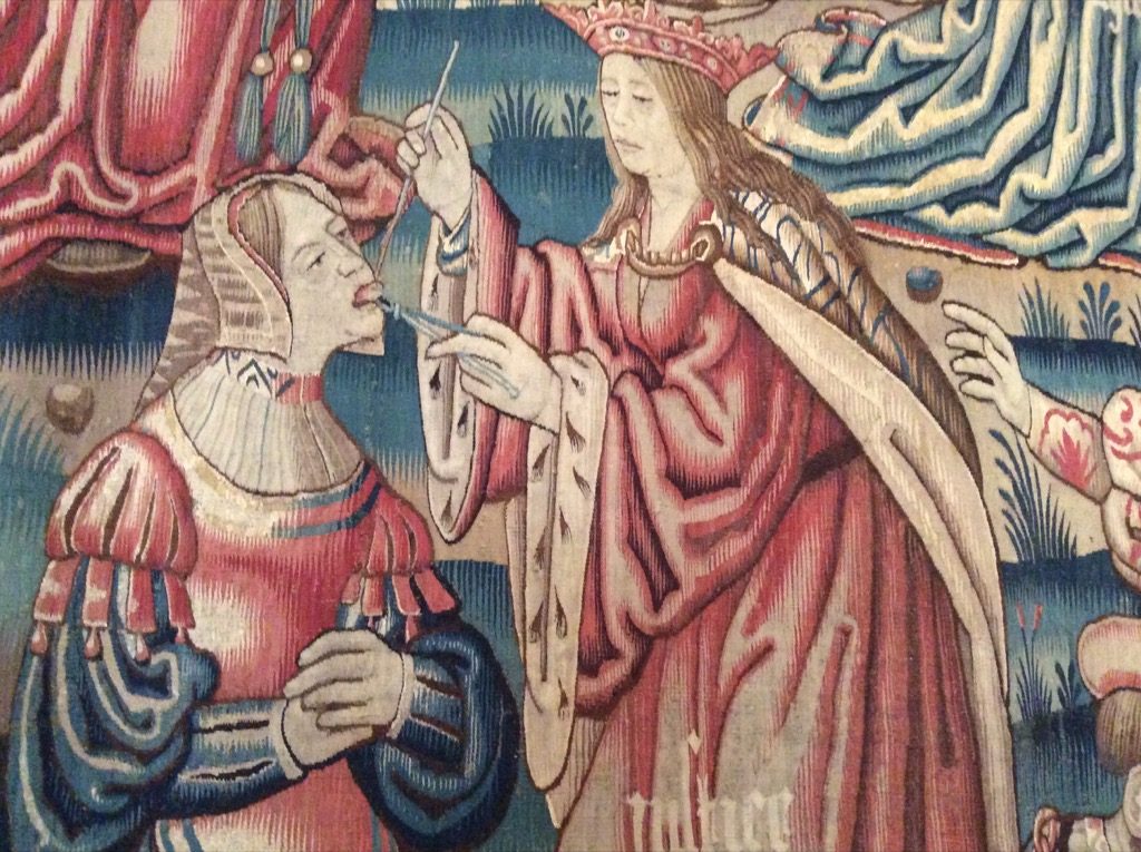"Le monde mis en balance," détail of a lady having her tong cut, Brussels 1520-1530