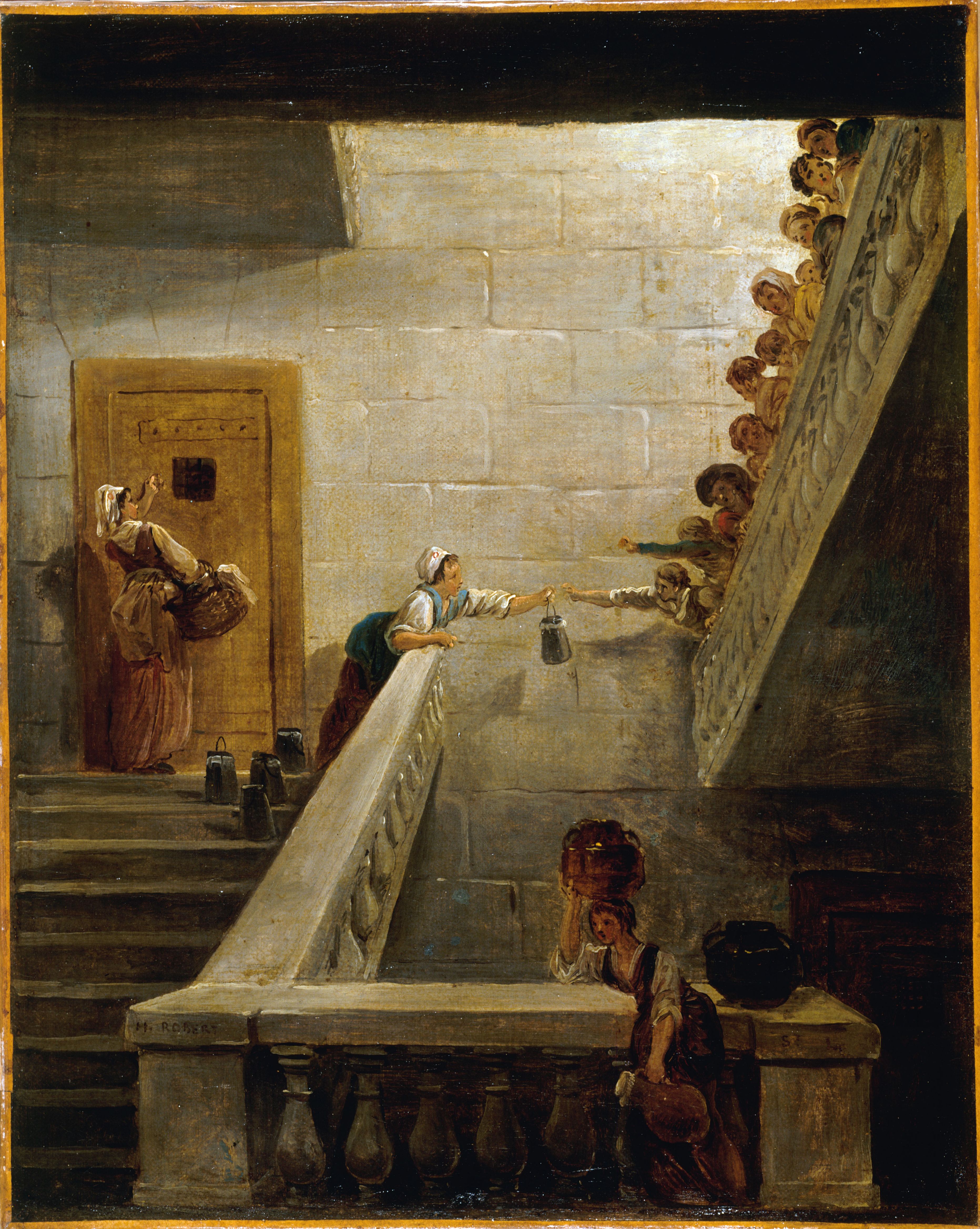 Hubert Robert (1733-1808). "Le ravitaillement des prisonniers à Saint-Lazare". Huile sur toile. Paris, musée Carnavalet.