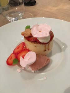 Crème chiboust with strawberries and rhubarb sherbet