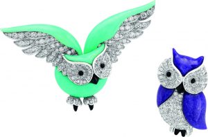 Two owls in violet sugilite and green chrysoprase with diamonds