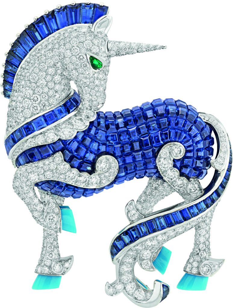 Unicorn in white gold, red gold, diamonds, marquise-cut emeralds, baguette-cut sapphires, turquoise, 