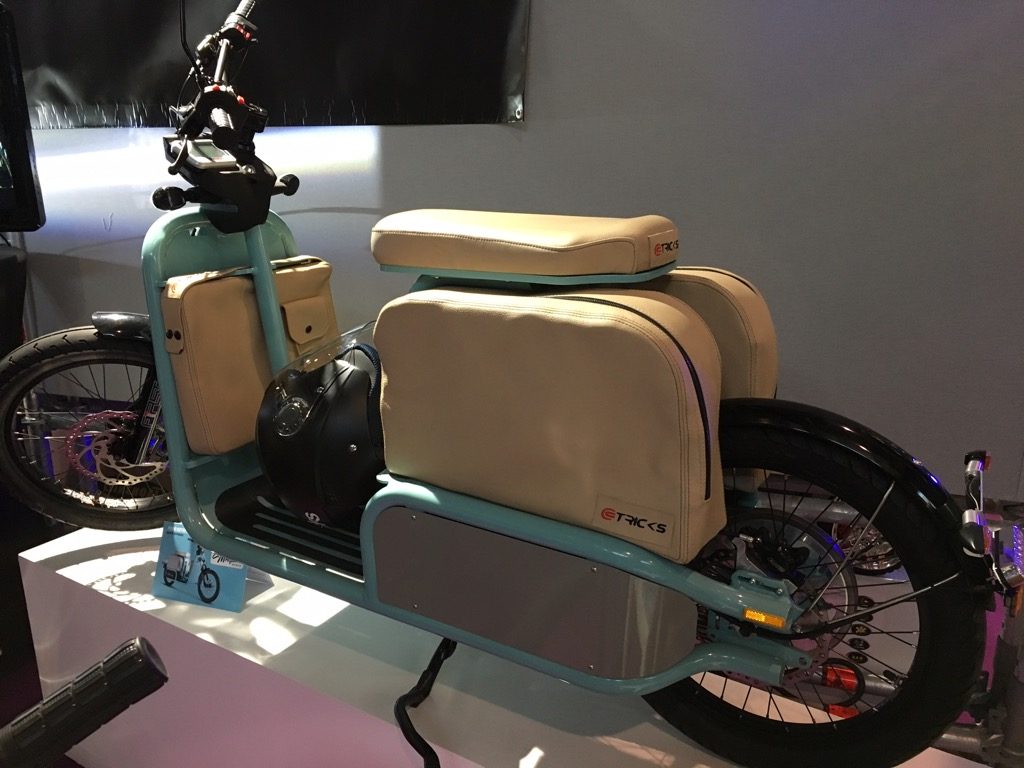 A vintage electric scooter, "Mosquito" by Tricks comes in turquoise, red, black and Orange in April 2017